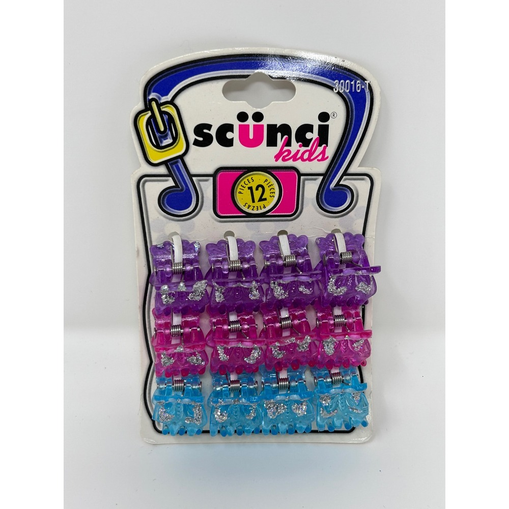 Vintage 1999 Scunci Kids Butterfly Hair Clips 12pc Glitter Purple Pink Blue NOS